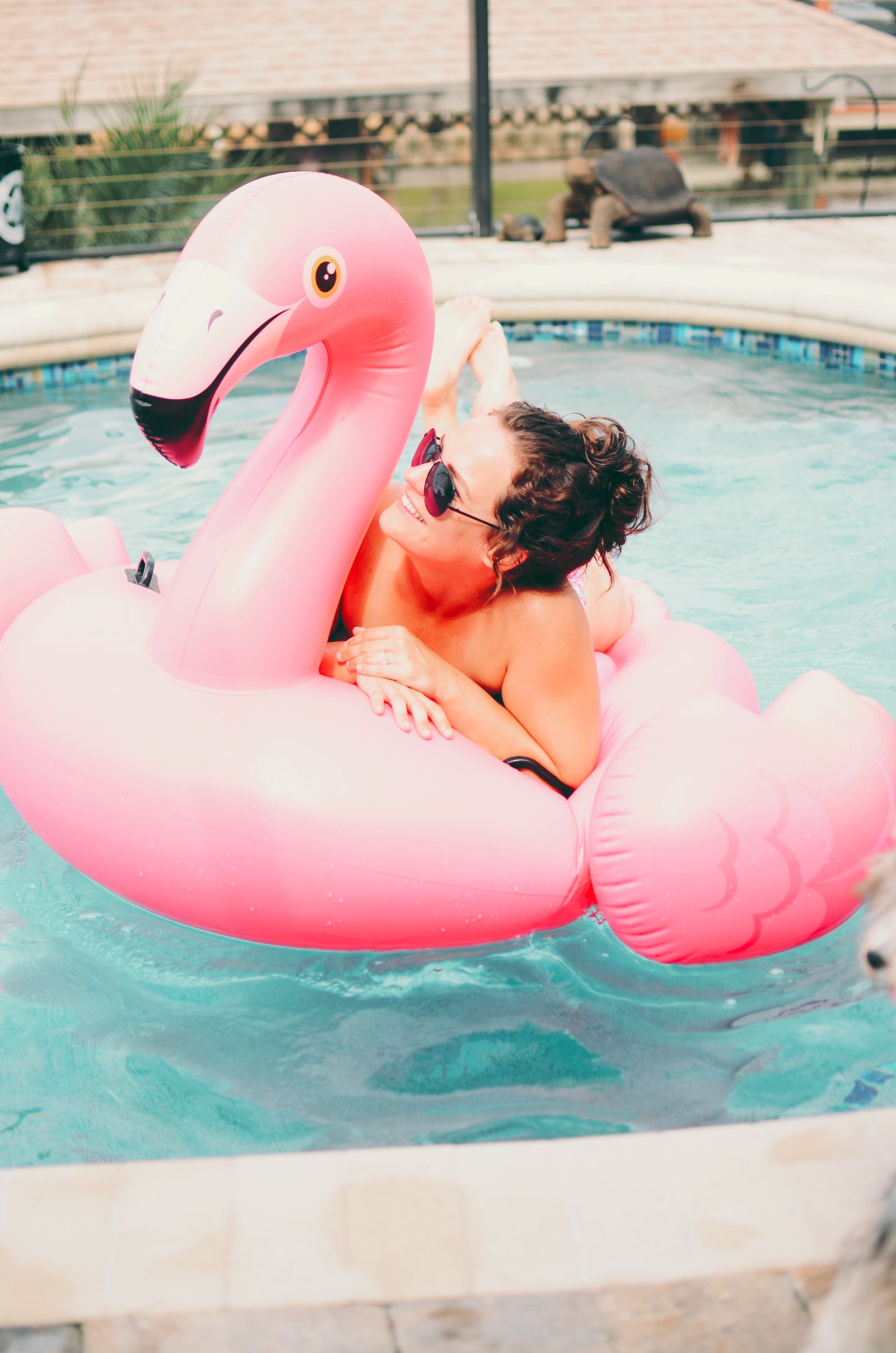 Frau mit aufblasbarem pinken Flamingo im Gartenpool